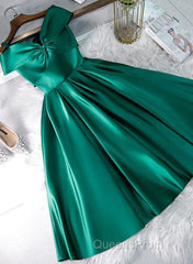 Cute Off Shoulder Green Satin Short Evening Prom Dress, Off the Shoulder Green Homecoming Dress, Green Formal Evening Dress