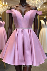 Cute Off Shoulder Pink Satin Short Evening Prom Dress, Off the Shoulder Pink Homecoming Dress, Pink Formal Graduation Evening Dress