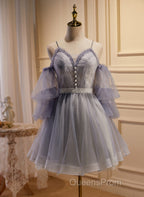 Cute Off Shoulder Tulle And Lace Straps Homecoming Dress, Short Evening Prom Dress