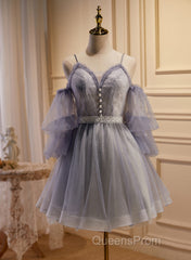 Cute Off Shoulder Tulle And Lace Straps Homecoming Dress, Short Evening Prom Dress