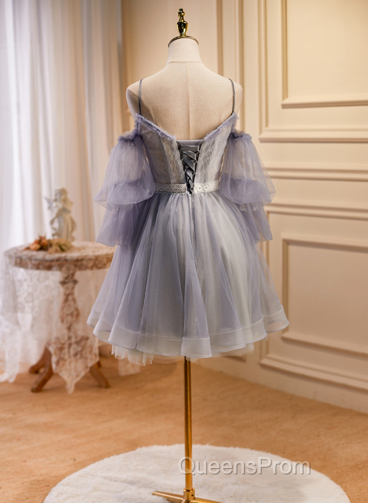 Cute Off Shoulder Tulle And Lace Straps Homecoming Dress, Short Evening Prom Dress