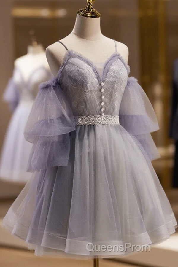 Cute Off Shoulder Tulle And Lace Straps Homecoming Dress, Short Evening Prom Dress Main image