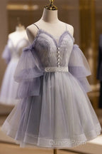 Cute Off Shoulder Tulle And Lace Straps Homecoming Dress, Short Evening Prom Dress