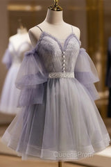 Cute Off Shoulder Tulle And Lace Straps Homecoming Dress, Short Evening Prom Dress