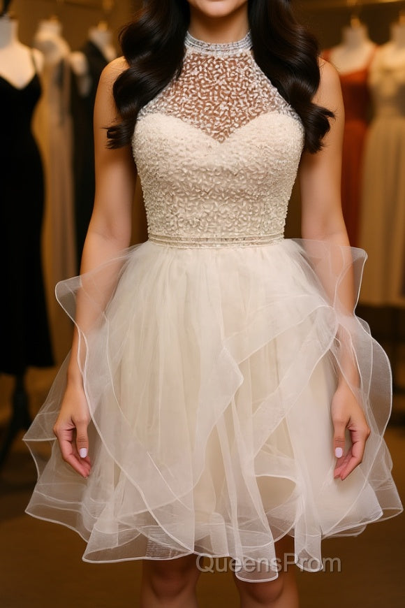 Cute Open Back Champagne Beaded Short Evening Prom Dress, Fluffy Champagne Beaded Homecoming Dress Main image