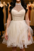 Cute Open Back Champagne Beaded Short Evening Prom Dress, Fluffy Champagne Beaded Homecoming Dress