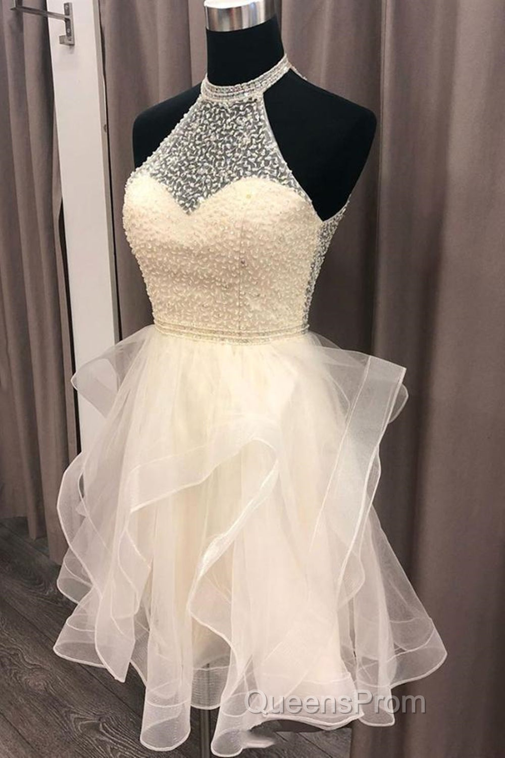 Cute Open Back Champagne Beaded Short Evening Prom Dress, Fluffy Champagne Beaded Homecoming Dress