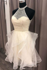 Cute Open Back Champagne Beaded Short Evening Prom Dress, Fluffy Champagne Beaded Homecoming Dress