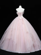 Cute Pink Ball Gown Tulle with Flowers Sweet 16 Dress, Pink Tulle Party Dress