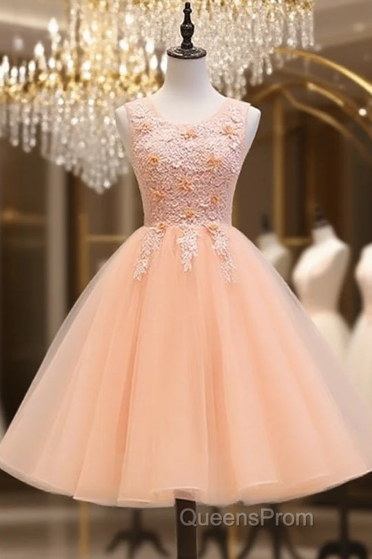 Cute Pink Flowers And Lace Applique Round Neckline Party Dress, Pink Homecoming Dress Main image