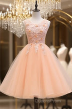 Cute Pink Flowers And Lace Applique Round Neckline Party Dress, Pink Homecoming Dress