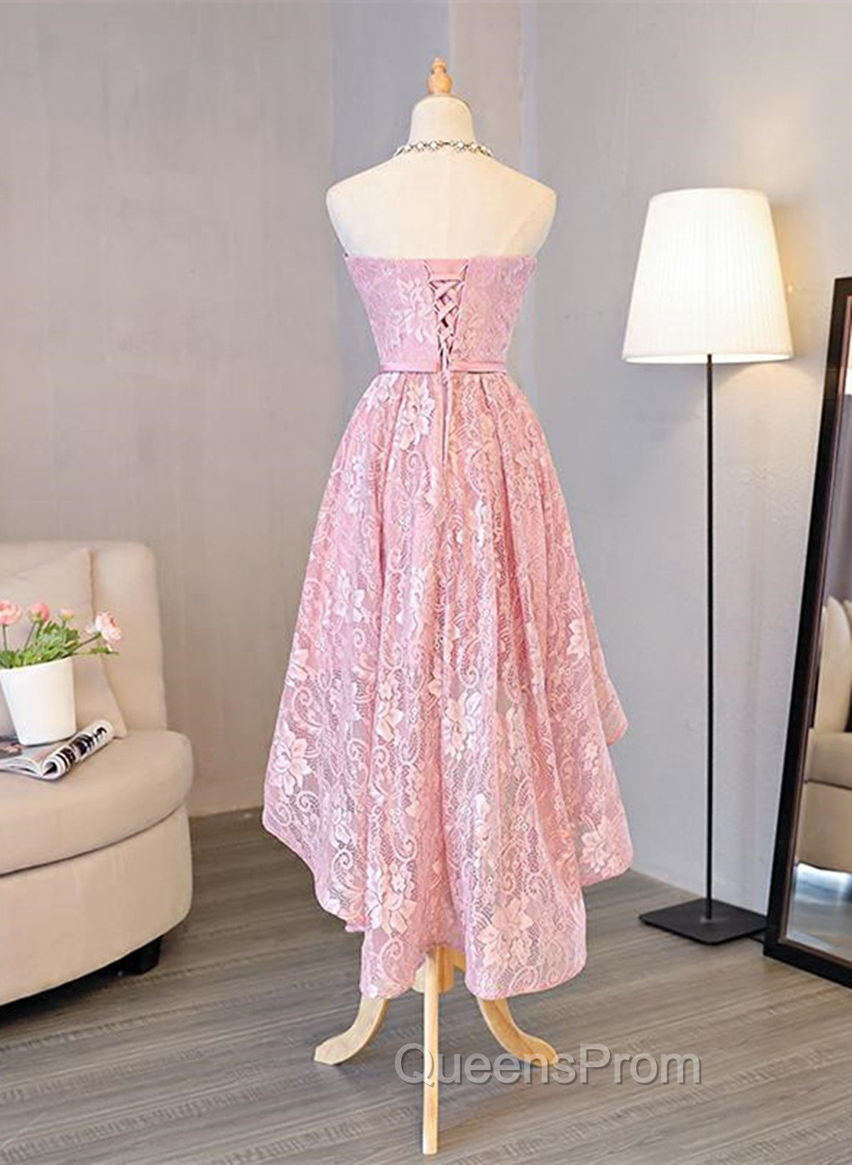 Cute Pink High Low Lace Scoop Homecoming Dress, Pink Short Evening Prom Dress Secondary image