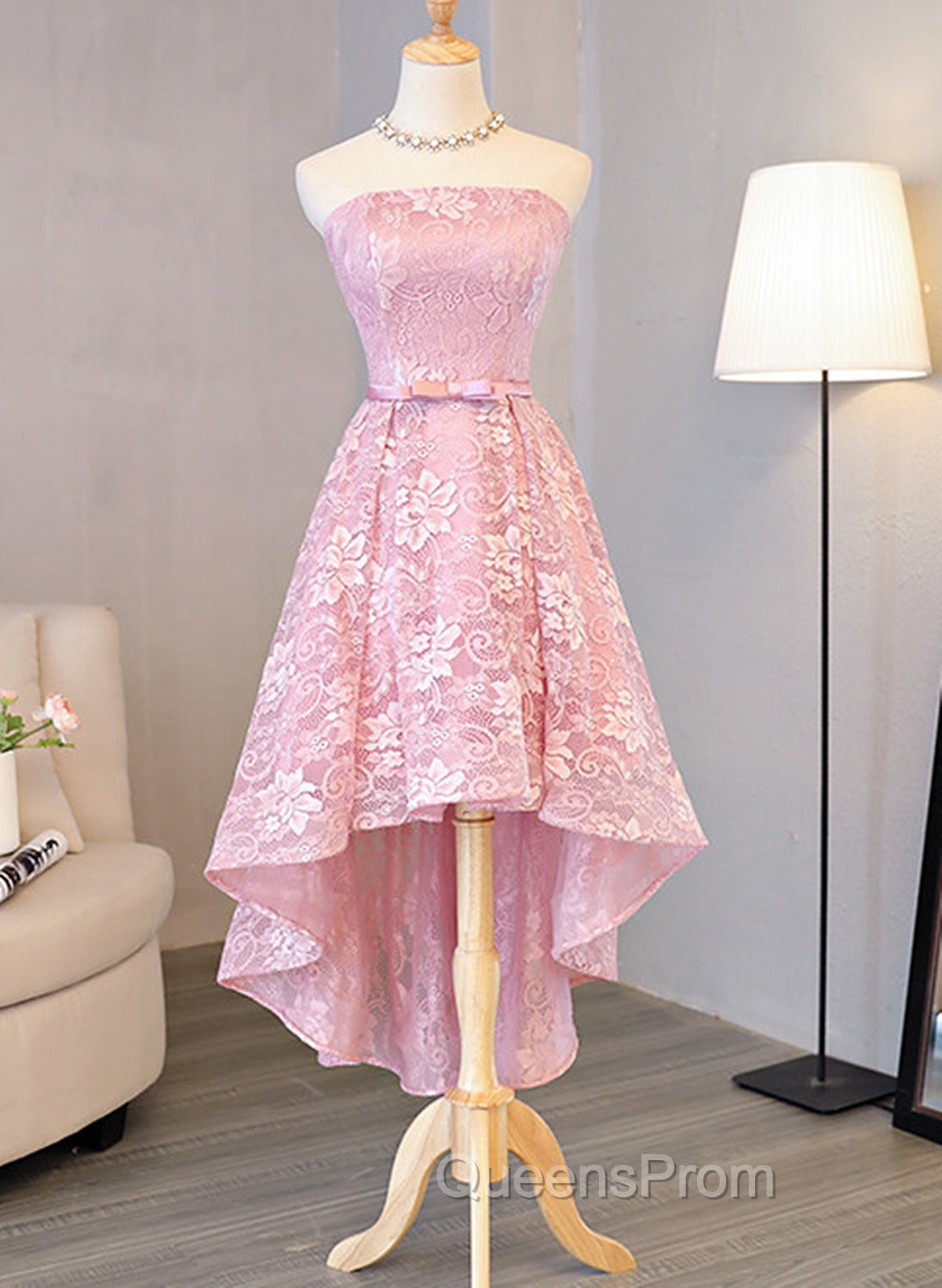 Cute Pink High Low Lace Scoop Homecoming Dress, Pink Short Evening Prom Dress Main image