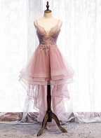 Cute Pink High Low Tulle with Lace Evening Prom Dress High Low Homecoming Dress Evening Prom Dress shops
