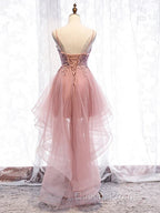 Cute Pink High Low Tulle with Lace Evening Prom Dress High Low Homecoming Dress Evening Prom Dress shops