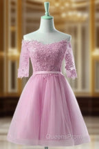 Cute Pink Knee Length Short Sleeves Party Dress, Tulle Evening Prom Dress