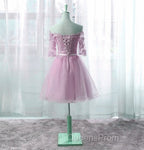 Cute Pink Knee Length Short Sleeves Party Dress, Tulle Evening Prom Dress