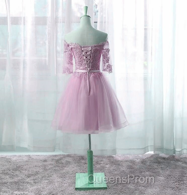 Cute Pink Knee Length Short Sleeves Party Dress, Tulle Evening Prom Dress