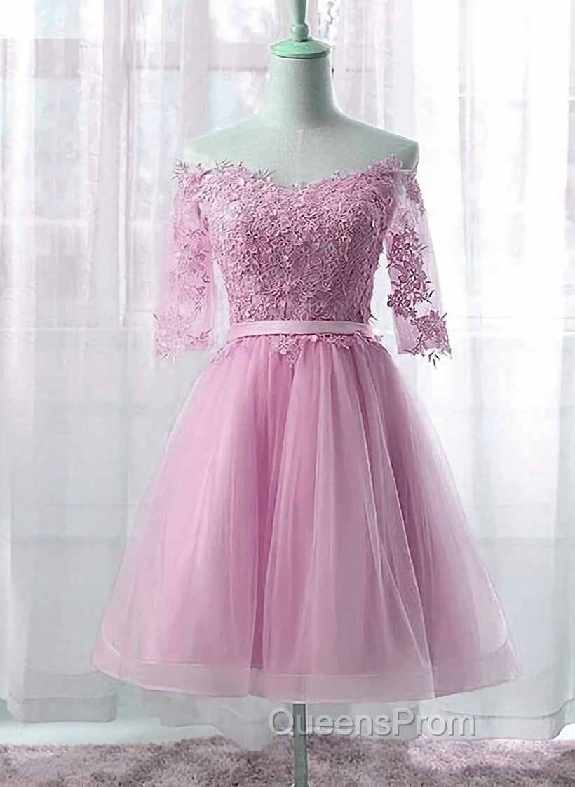 Cute Pink Knee Length Short Sleeves Party Dress, Tulle Evening Prom Dress
