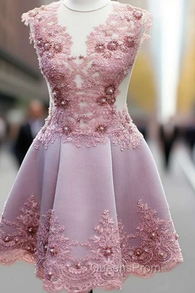 Cute Pink Lace Short Evening Prom Dress, Homecoming Dress