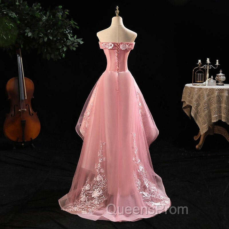 Cute Pink Off Shoulder High Low Tulle with Lace Party Dress, Pink Homecoming Dress