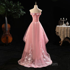 Cute Pink Off Shoulder High Low Tulle with Lace Party Dress, Pink Homecoming Dress