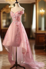 Cute Pink Off Shoulder High Low Tulle with Lace Party Dress, Pink Homecoming Dress