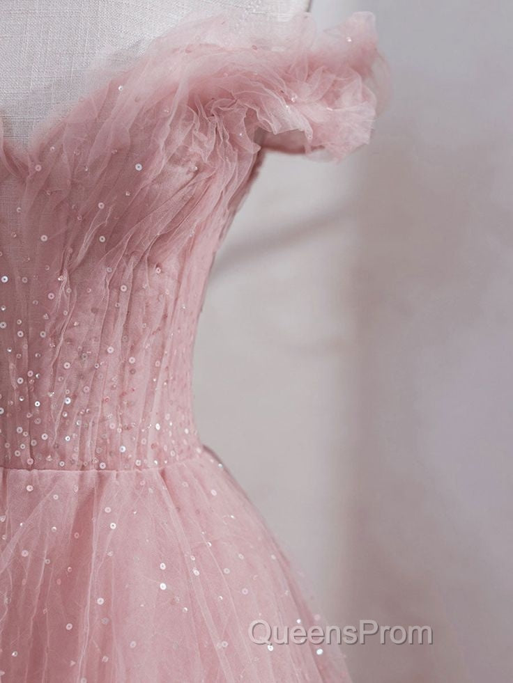 Cute Pink Princess Tulle Sequin Evening Prom Dress Off The Shoulder Evening Dress Secondary image