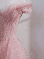Cute Pink Princess Tulle Sequin Evening Prom Dress Off The Shoulder Evening Dress