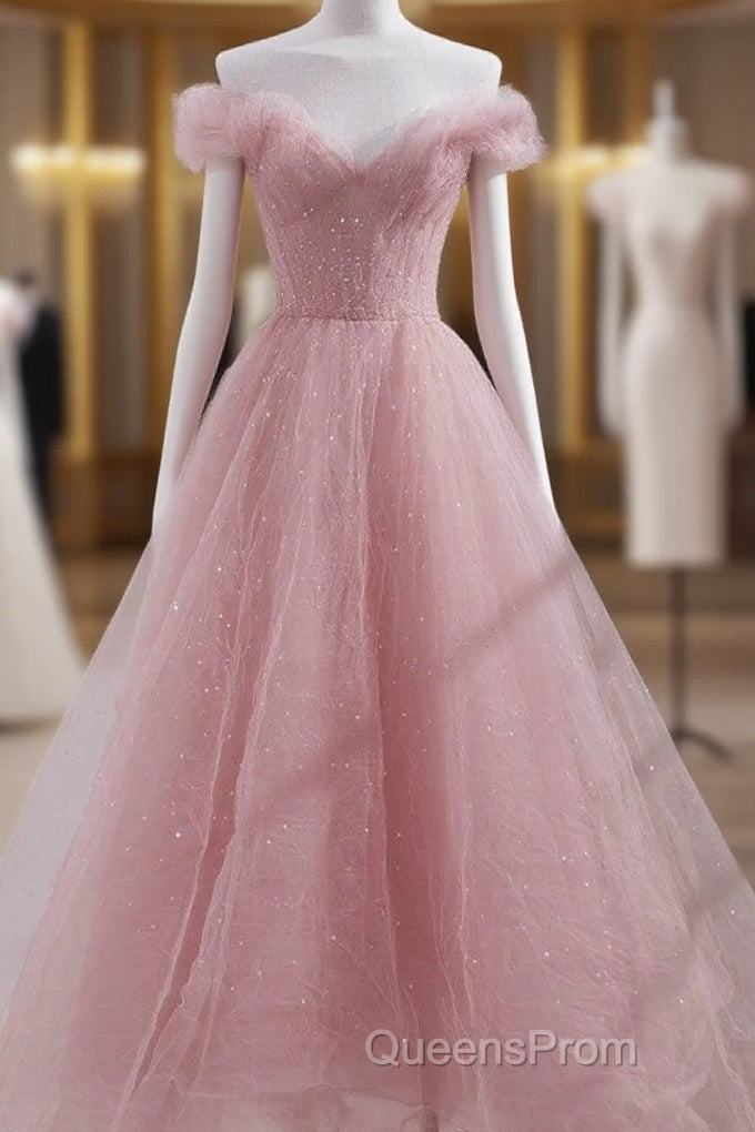 Cute Pink Princess Tulle Sequin Evening Prom Dress Off The Shoulder Evening Dress Main image
