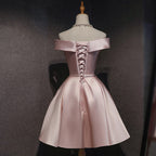 Cute Pink Satin Off Shoulder Knee Length Classy Dress, Lovely Classy Prom Dress