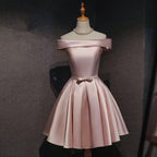 Cute Pink Satin Off Shoulder Knee Length Classy Dress, Lovely Classy Prom Dress