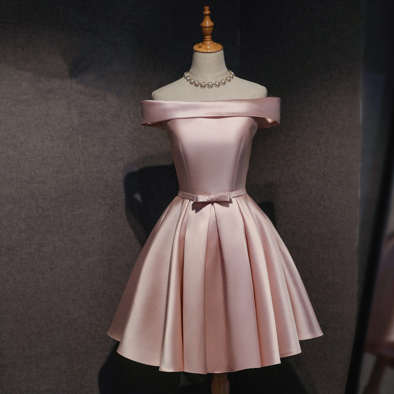 Cute Pink Satin Off Shoulder Knee Length Classy Dress, Lovely Classy Prom Dress