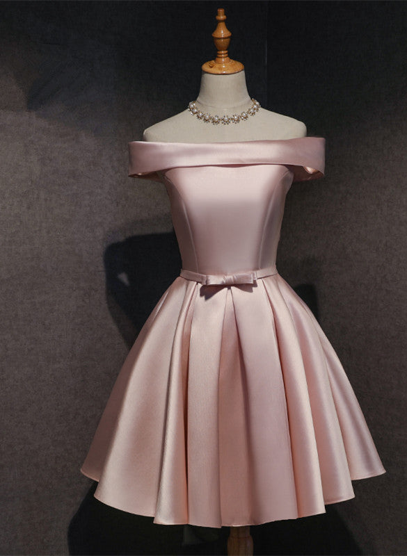 Cute Pink Satin Off Shoulder Knee Length Classy Dress, Lovely Classy Prom Dress Main image