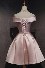 Cute Pink Satin Off Shoulder Knee Length Formal Dress, Lovely Evening Prom Dress