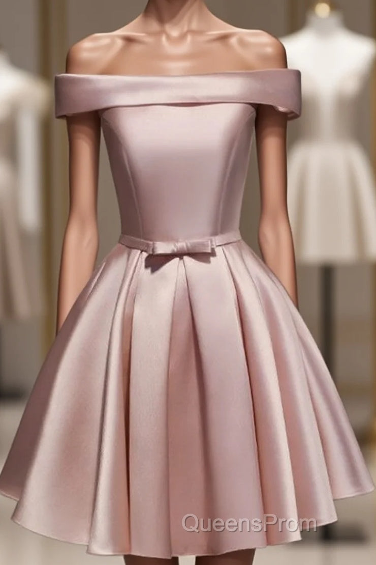 Cute Pink Satin Off Shoulder Knee Length Formal Dress, Lovely Evening Prom Dress Main image