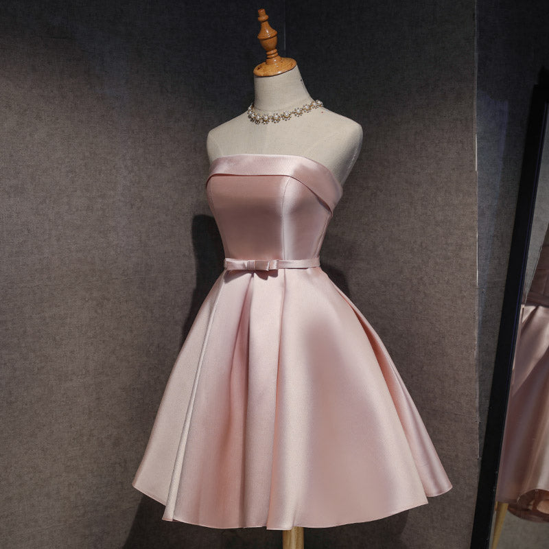Cute Pink Satin Scoop Knee Length Short Classy Prom Dress Homecoming Dress, Pink Classy Dress Secondary image