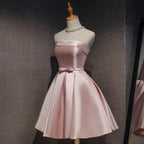 Cute Pink Satin Scoop Knee Length Short Classy Prom Dress Homecoming Dress, Pink Classy Dress