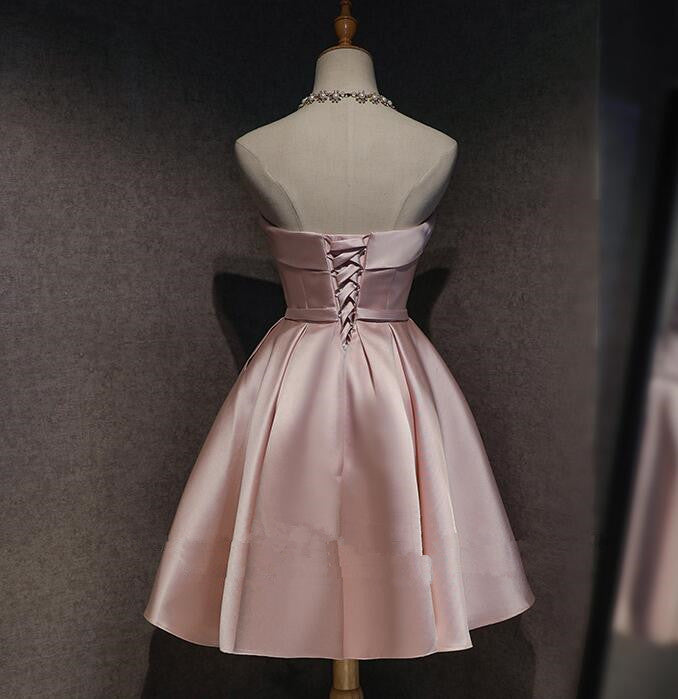 Cute Pink Satin Scoop Knee Length Short Classy Prom Dress Homecoming Dress, Pink Classy Dress