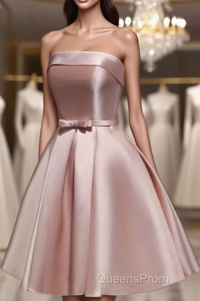 Cute Pink Satin Scoop Knee Length Short Evening Prom Dress Homecoming Dress, Pink Formal Dress Main image
