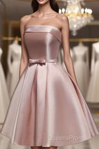 Cute Pink Satin Scoop Knee Length Short Evening Prom Dress Homecoming Dress, Pink Formal Dress