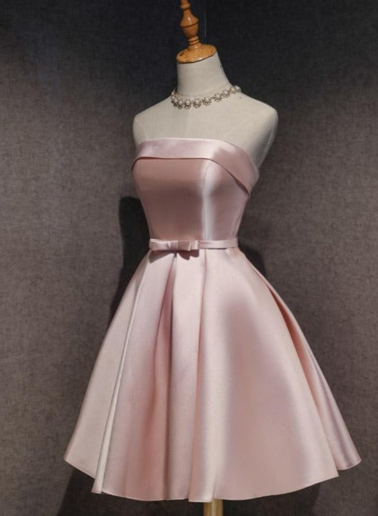 Cute Pink Satin Scoop Knee Length Short Classy Prom Dress Homecoming Dress, Pink Classy Dress