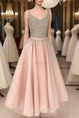 Cute Pink Sequin Tea-Long Evening Prom Dress, Pink Sequin Formal Dress For Teens