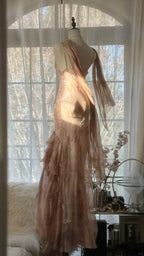 Cute Pink Shoulder Strap Flowing Ribbon Chiffon Beaded Long Classy Prom Dress