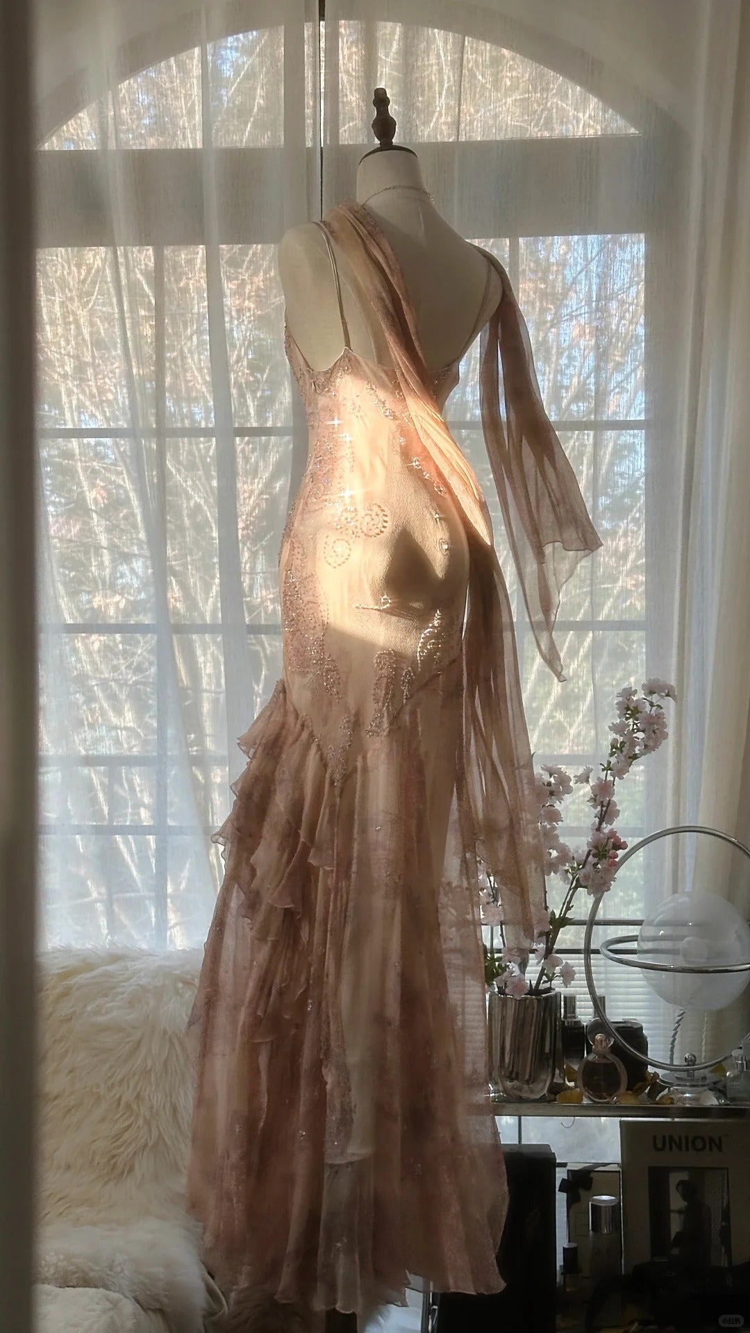 Cute Pink Shoulder Strap Flowing Ribbon Chiffon Beaded Long Classy Prom Dress