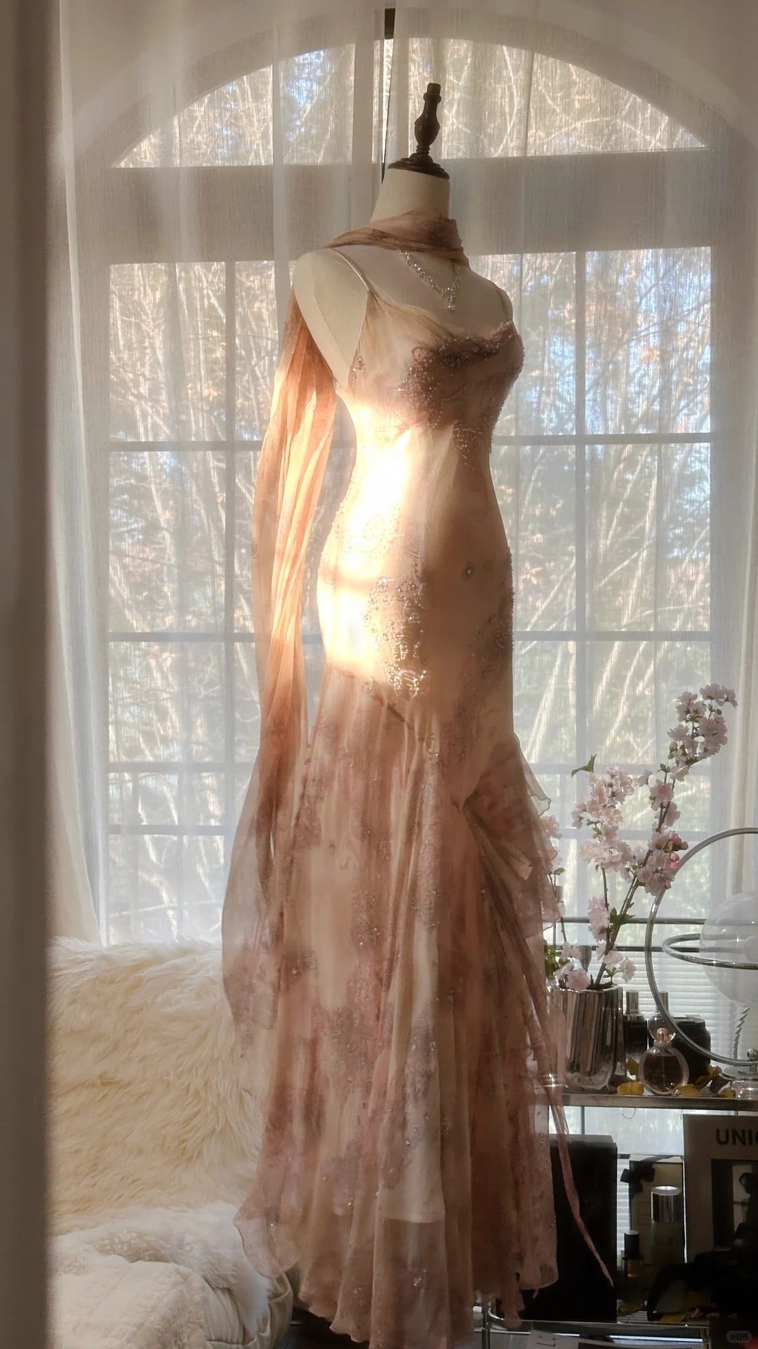 Cute Pink Shoulder Strap Flowing Ribbon Chiffon Beaded Long Classy Prom Dress