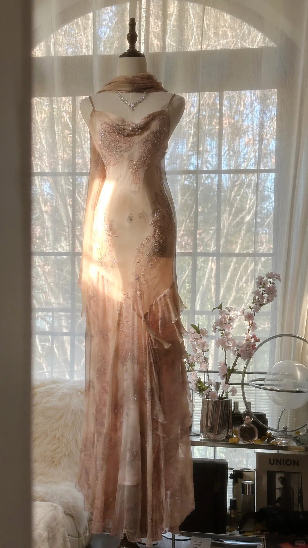 Cute Pink Shoulder Strap Flowing Ribbon Chiffon Beaded Long Classy Prom Dress