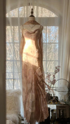 Cute Pink Shoulder Strap Flowing Ribbon Chiffon Beaded Long Classy Prom Dress