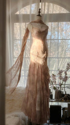 Cute Pink Shoulder Strap Flowing Ribbon Chiffon Beaded Long Classy Prom Dress