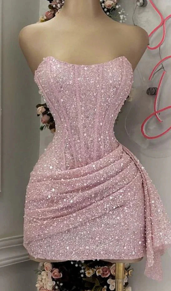 Cute Pink Sleeveless Sequined Slim Fit Hip 17Th Birthday Homecoming Dress Secondary image